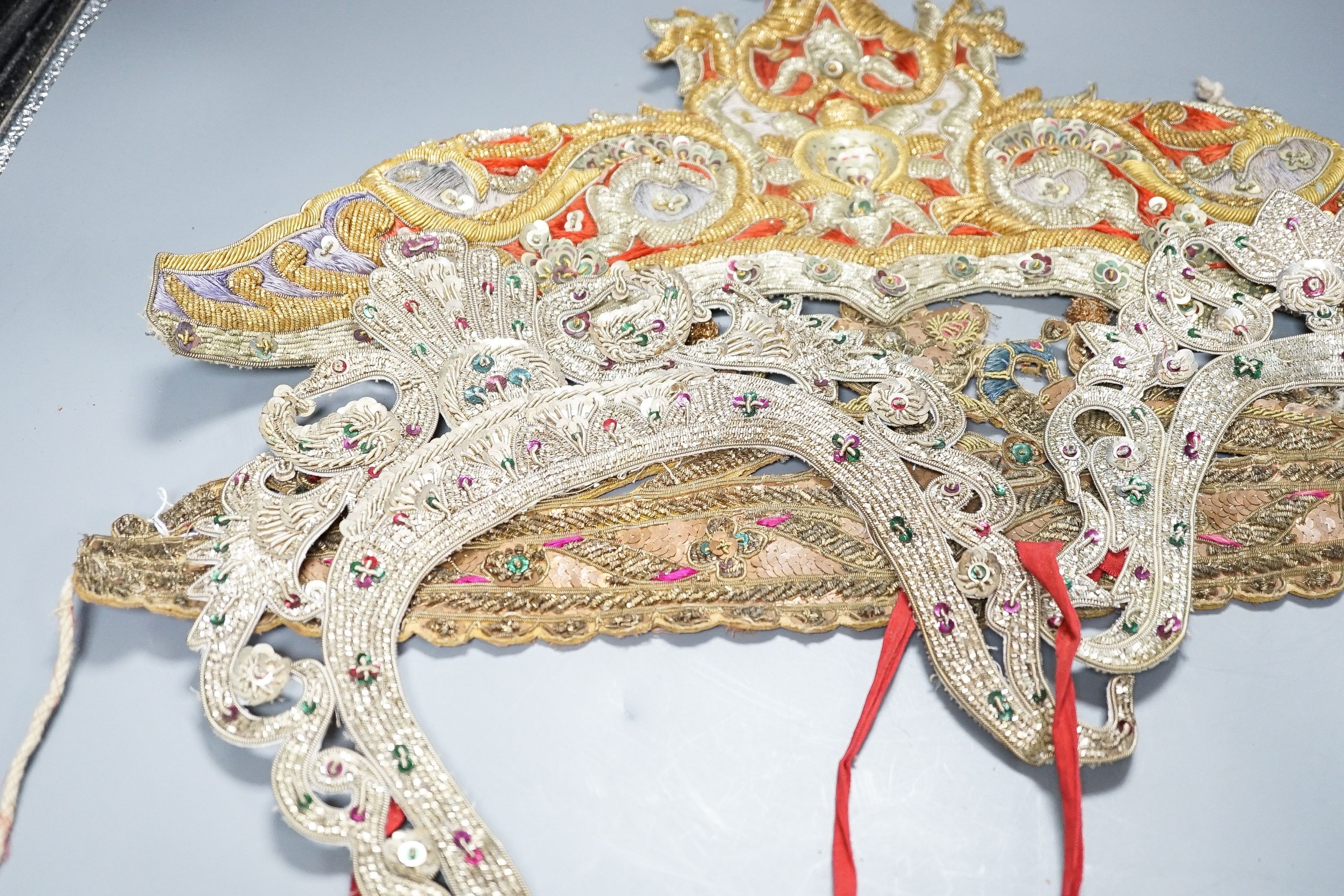 Highly ornate indian silver and gold thread headresses